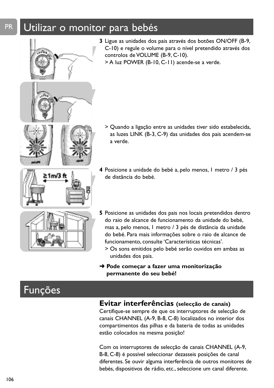 Utilizar o monitor para bebés, Funções, Evitar interferências | Philips SBC SC450 User Manual | Page 106 / 212