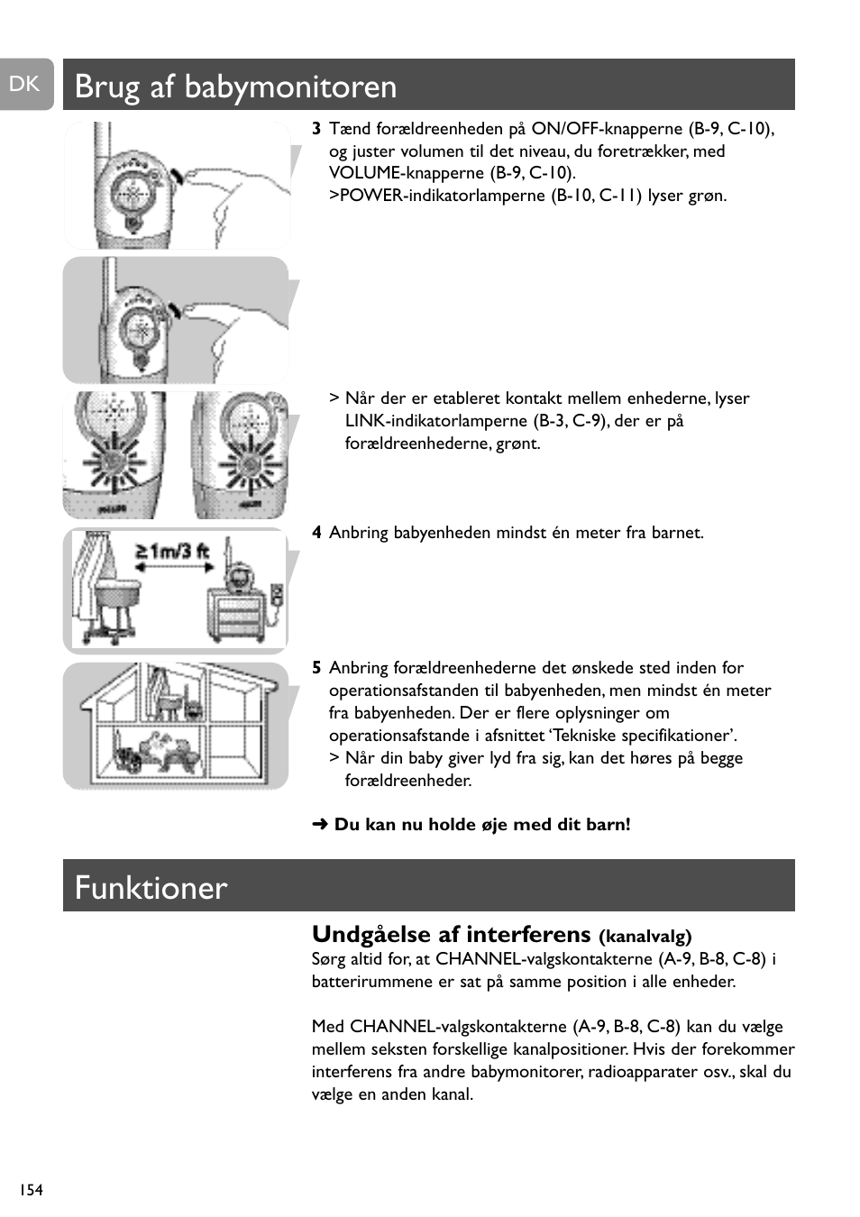 Brug af babymonitoren, Funktioner, Undgåelse af interferens | Philips SBC SC450 User Manual | Page 154 / 212