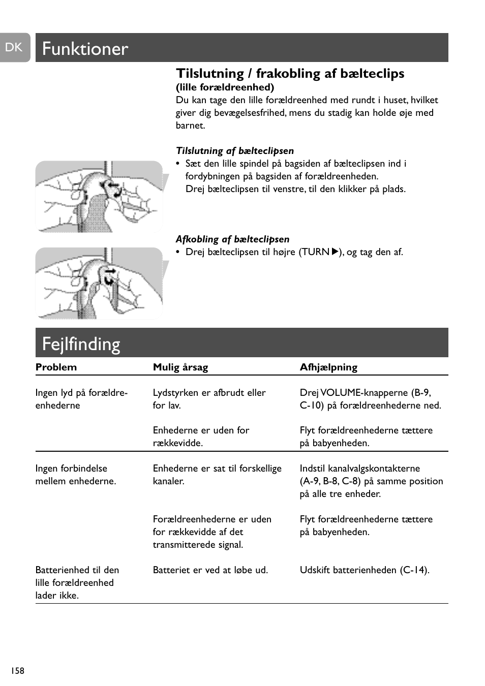 Fejlfinding, Funktioner, Tilslutning / frakobling af bælteclips | Philips SBC SC450 User Manual | Page 158 / 212