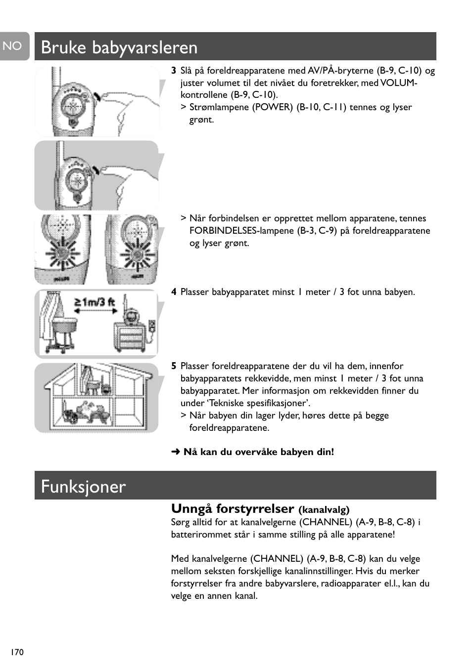 Bruke babyvarsleren, Funksjoner, Unngå forstyrrelser | Philips SBC SC450 User Manual | Page 170 / 212