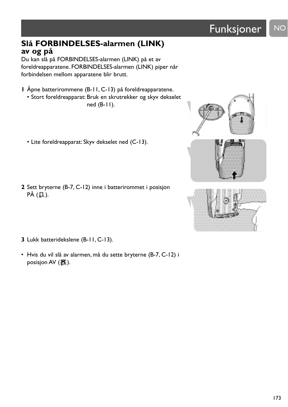 Funksjoner, Slå forbindelses-alarmen (link) av og på | Philips SBC SC450 User Manual | Page 173 / 212