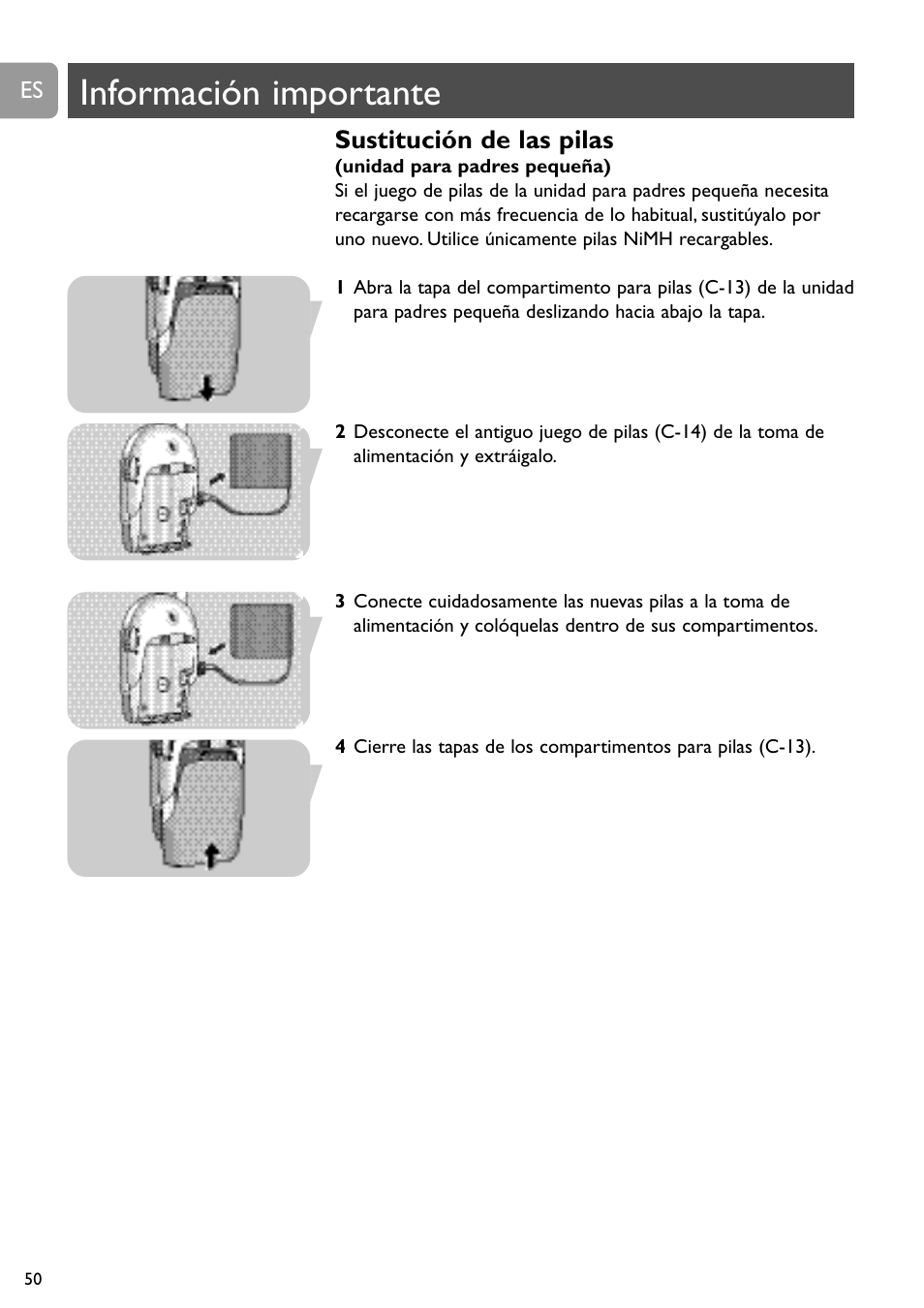 Información importante, Sustitución de las pilas | Philips SBC SC450 User Manual | Page 50 / 212
