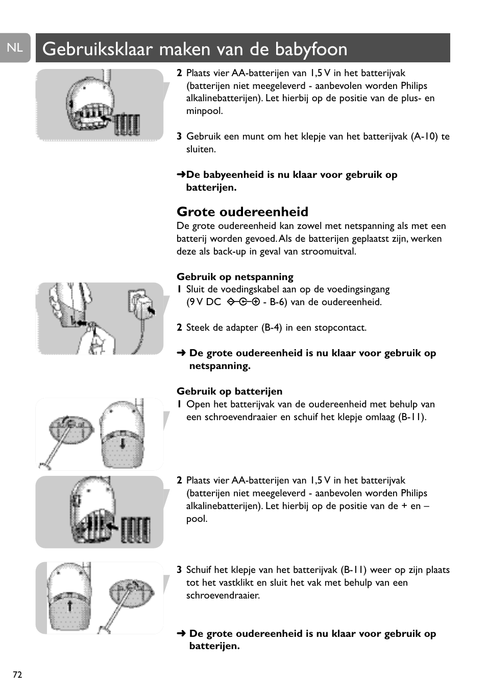 Gebruiksklaar maken van de babyfoon, Grote oudereenheid | Philips SBC SC450 User Manual | Page 72 / 212