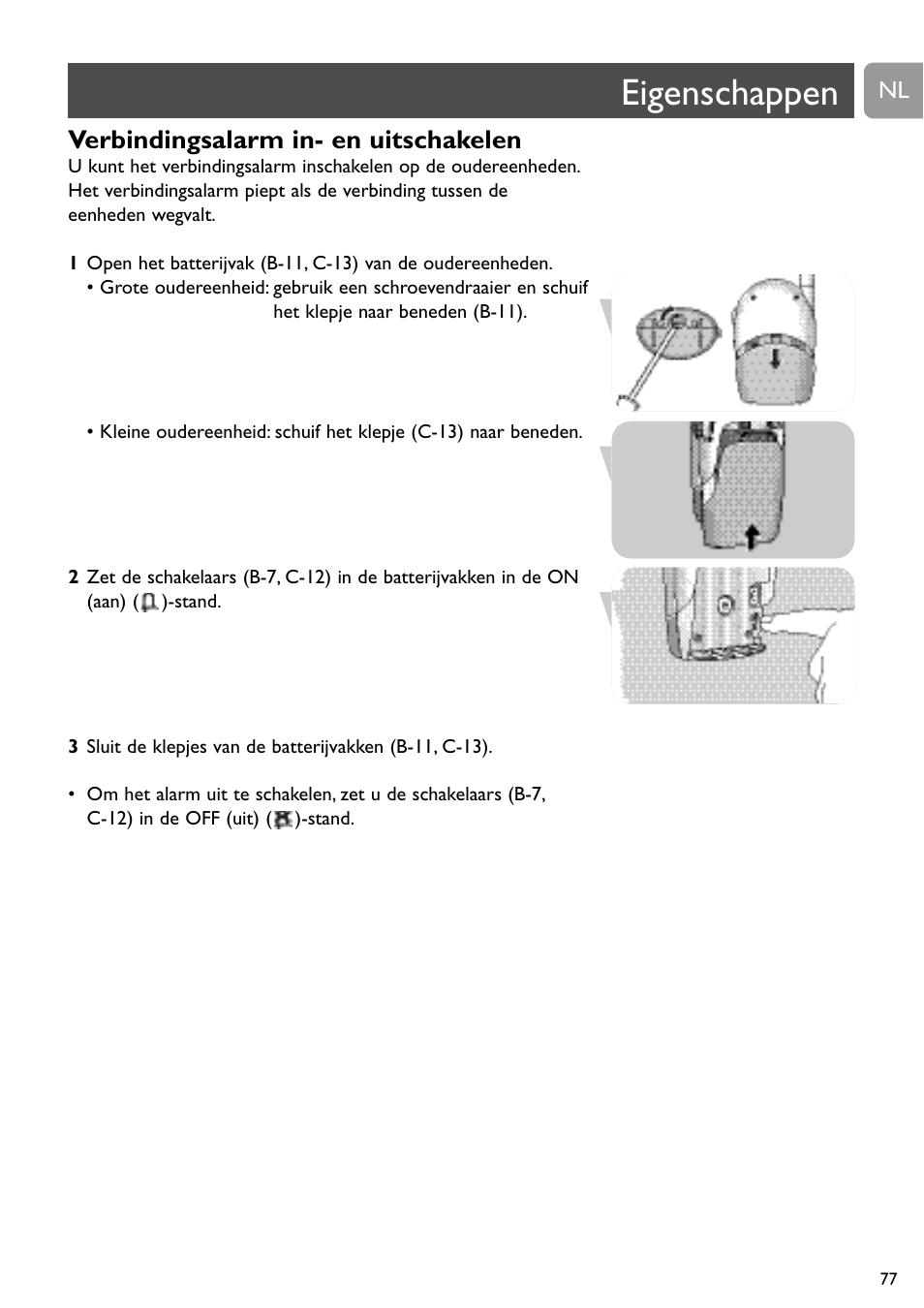 Eigenschappen, Verbindingsalarm in- en uitschakelen | Philips SBC SC450 User Manual | Page 77 / 212