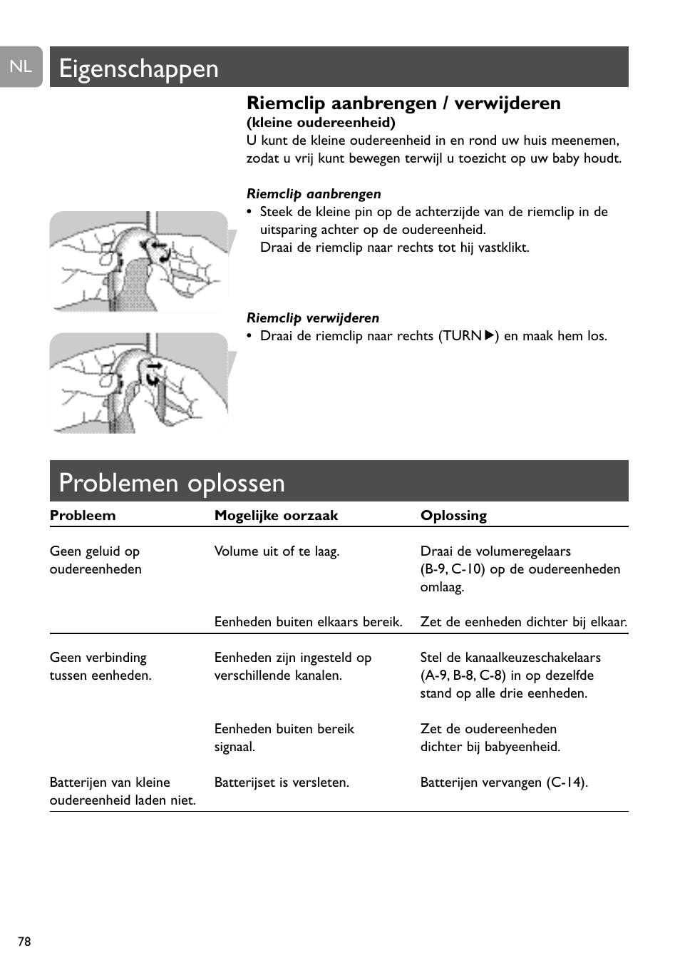 Problemen oplossen, Eigenschappen, Riemclip aanbrengen / verwijderen | Philips SBC SC450 User Manual | Page 78 / 212