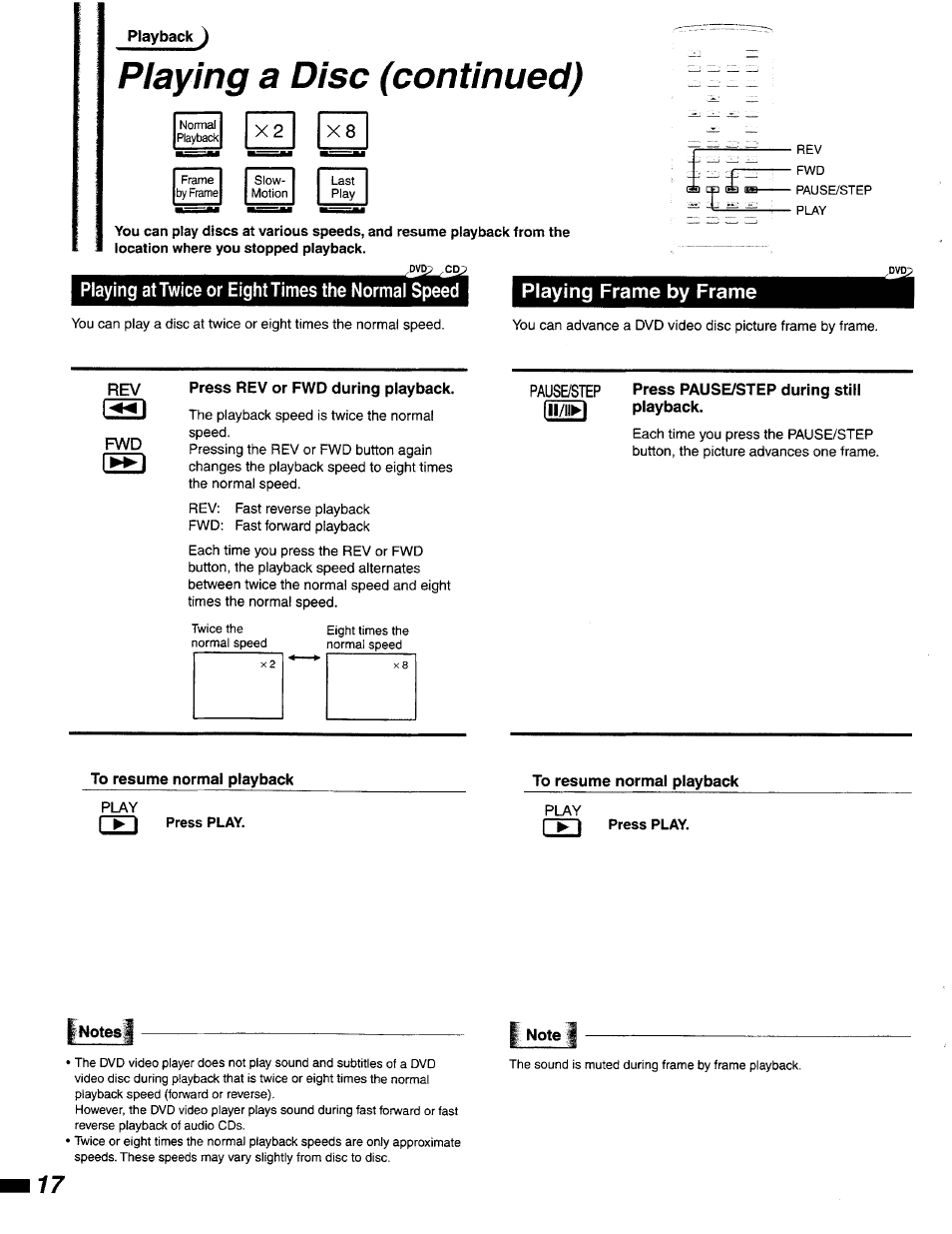 Playing at twice or eight times the normal speed, Playing a disc (continued) | Philips DVD400AT User Manual | Page 17 / 43