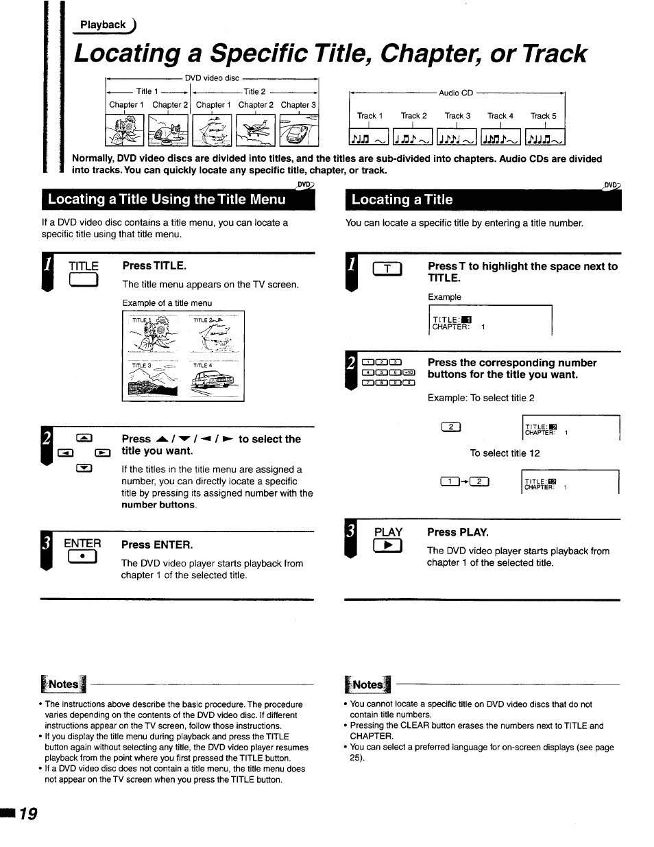 Locating a title using the title menu, Locating a specific titie, chapter, or track | Philips DVD400AT User Manual | Page 19 / 43