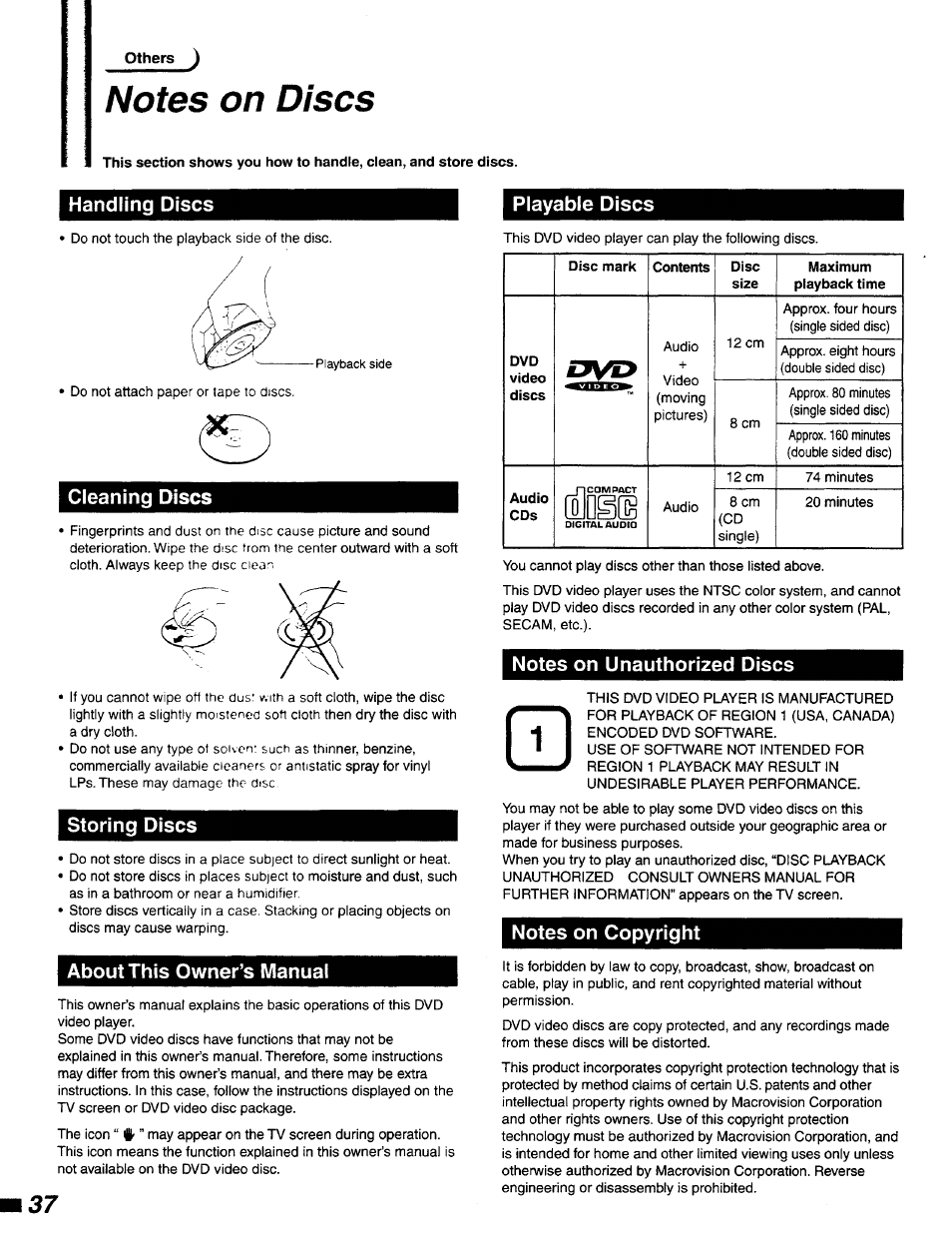 Others j, Cleaning discs, Storing discs | About this owner’s manual, Playable discs, Notes on unauthorized discs, Notes on copyright | Philips DVD400AT User Manual | Page 37 / 43