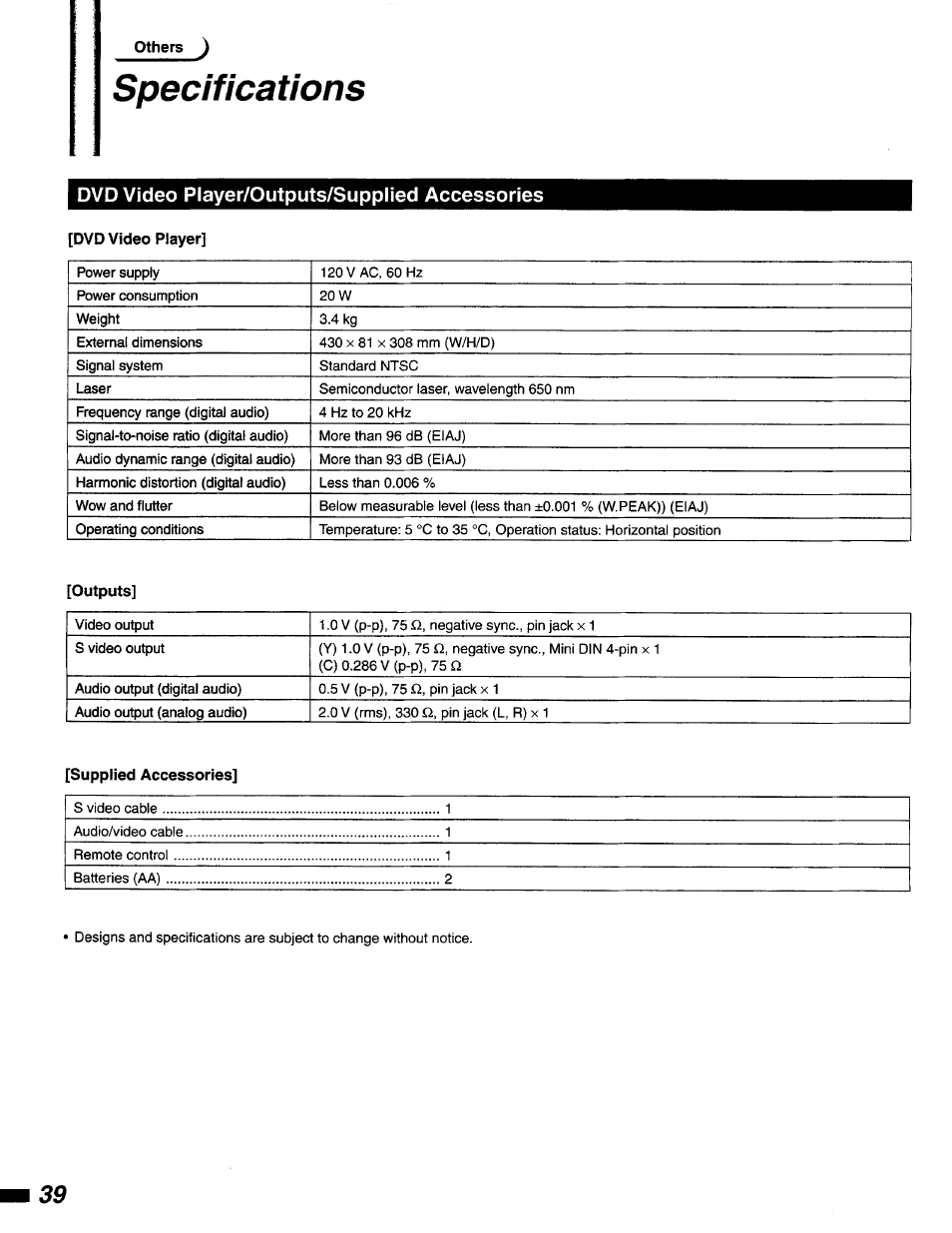 Dvd video player/outputs/supplied accessories, Specifications | Philips DVD400AT User Manual | Page 39 / 43