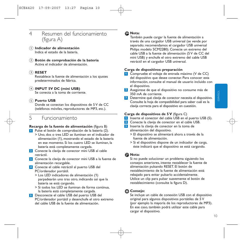 4resumen del funcionamiento (figura a), 5funcionamiento | Philips SCE4420 User Manual | Page 10 / 61