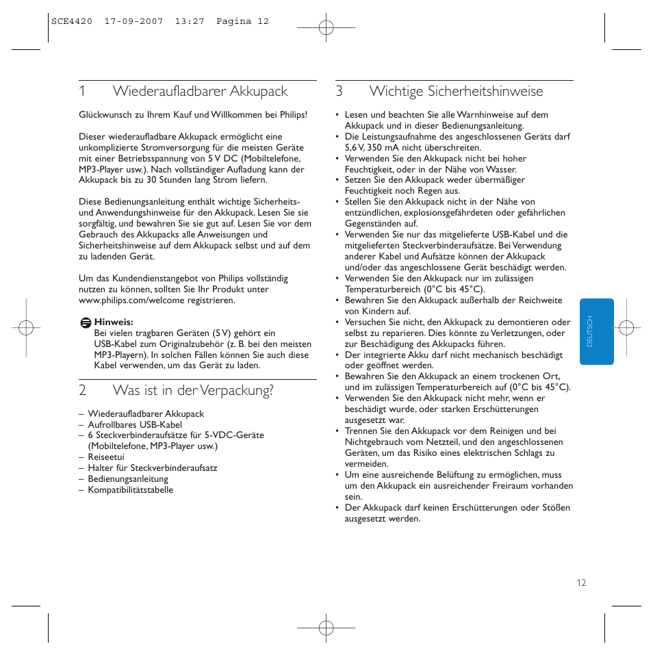 1wiederaufladbarer akkupack, 2was ist in der verpackung, 3wichtige sicherheitshinweise | Philips SCE4420 User Manual | Page 12 / 61