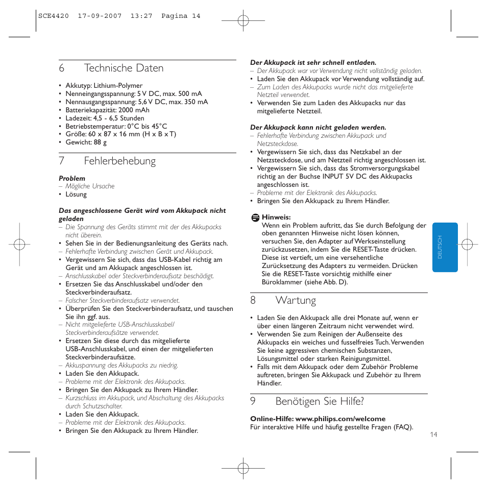 6technische daten, 7fehlerbehebung, 8wartung | 9benötigen sie hilfe | Philips SCE4420 User Manual | Page 14 / 61