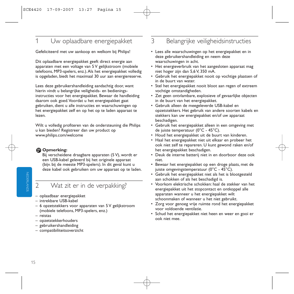 1uw oplaadbare energiepakket, 2wat zit er in de verpakking, 3belangrijke veiligheidsinstructies | Philips SCE4420 User Manual | Page 15 / 61