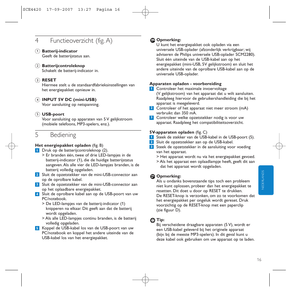 4functieoverzicht (fig. a), 5bediening | Philips SCE4420 User Manual | Page 16 / 61