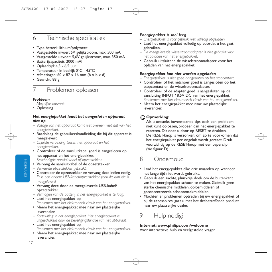 6technische specificaties, 7problemen oplossen, 8onderhoud | 9hulp nodig | Philips SCE4420 User Manual | Page 17 / 61