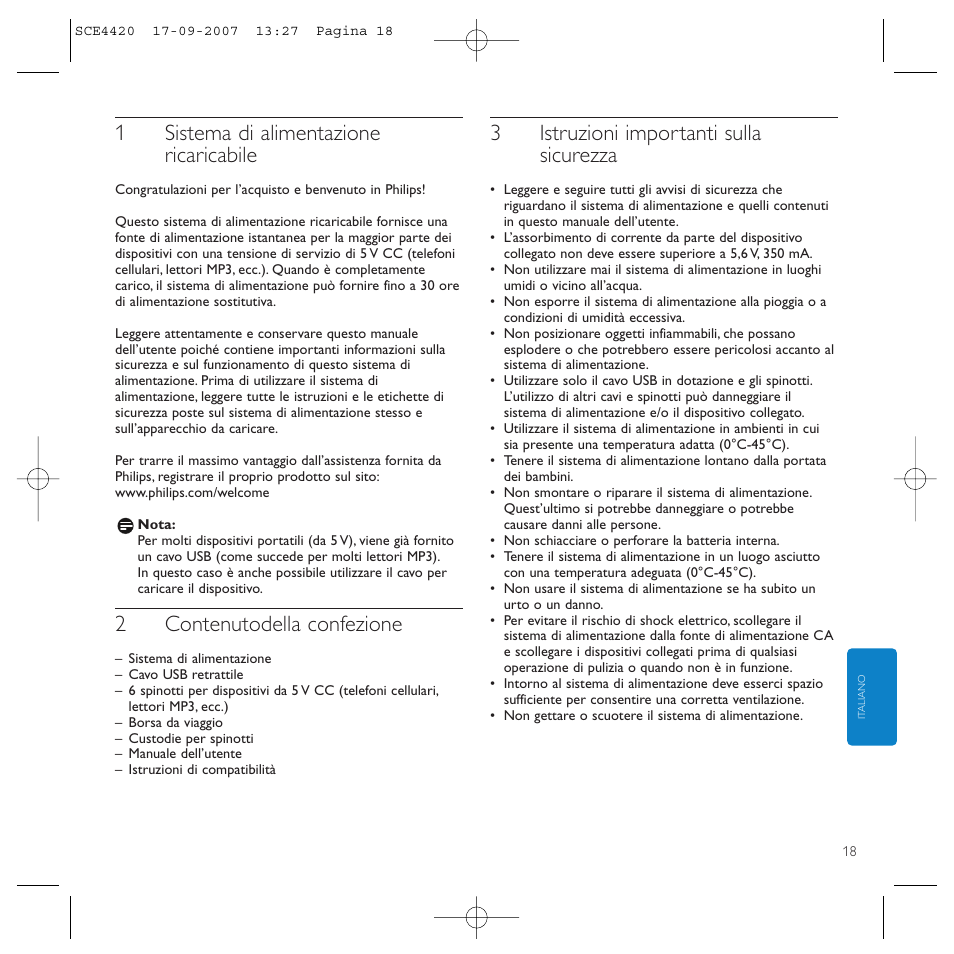 1sistema di alimentazione ricaricabile, 2contenutodella confezione, 3istruzioni importanti sulla sicurezza | Philips SCE4420 User Manual | Page 18 / 61