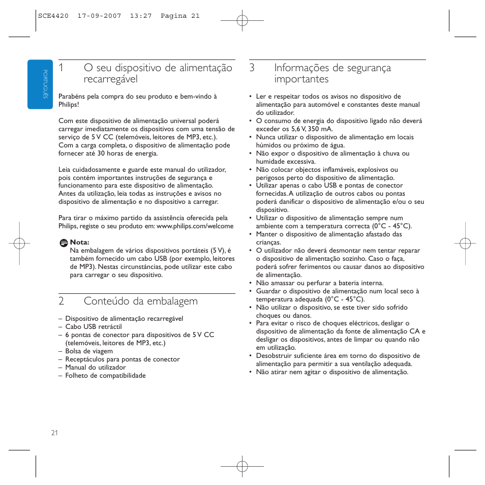 1o seu dispositivo de alimentação recarregável, 2conteúdo da embalagem, 3informações de segurança importantes | Philips SCE4420 User Manual | Page 21 / 61