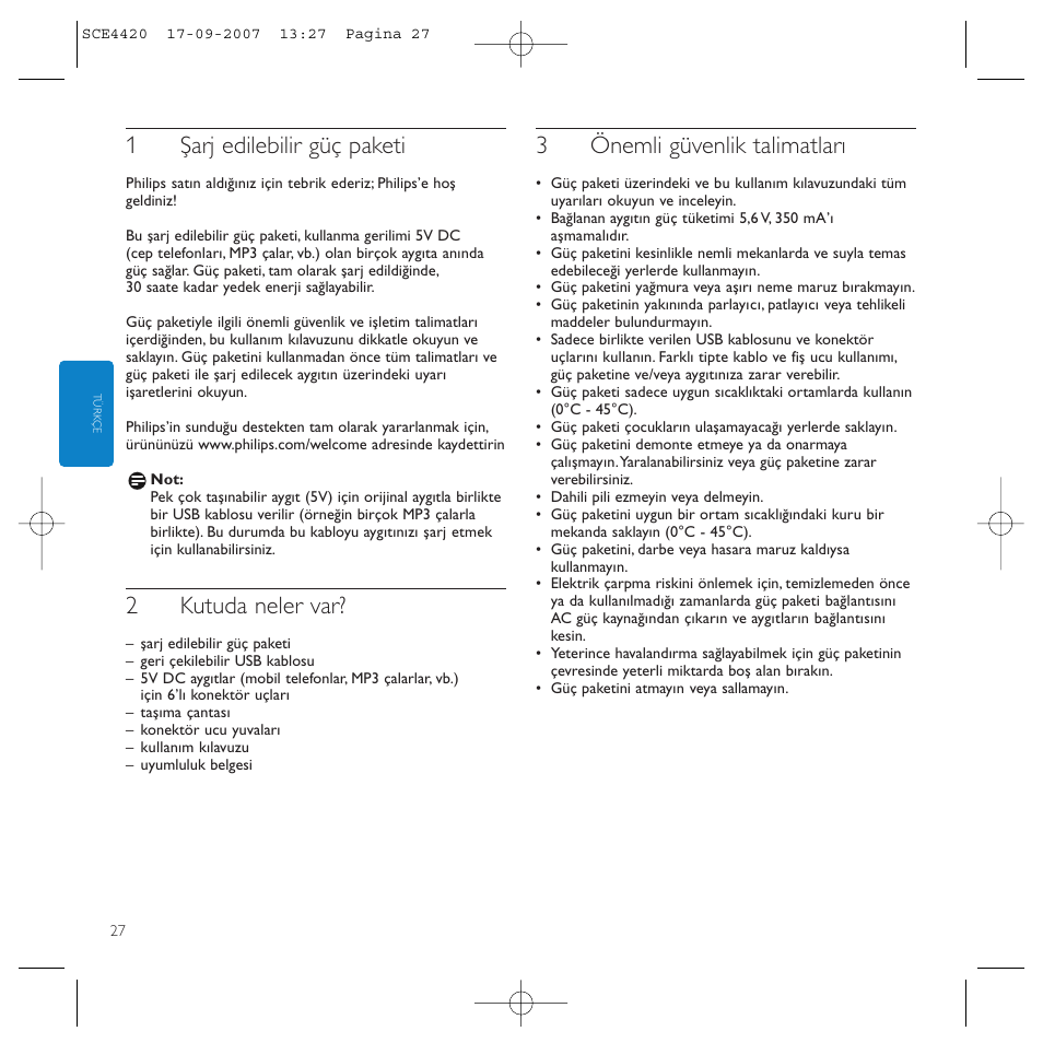 1şarj edilebilir güç paketi, 2kutuda neler var, 3önemli güvenlik talimatları | Philips SCE4420 User Manual | Page 27 / 61