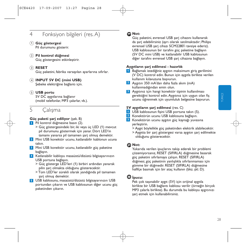 4fonksiyon bilgileri (res. a), 5çalışma | Philips SCE4420 User Manual | Page 28 / 61