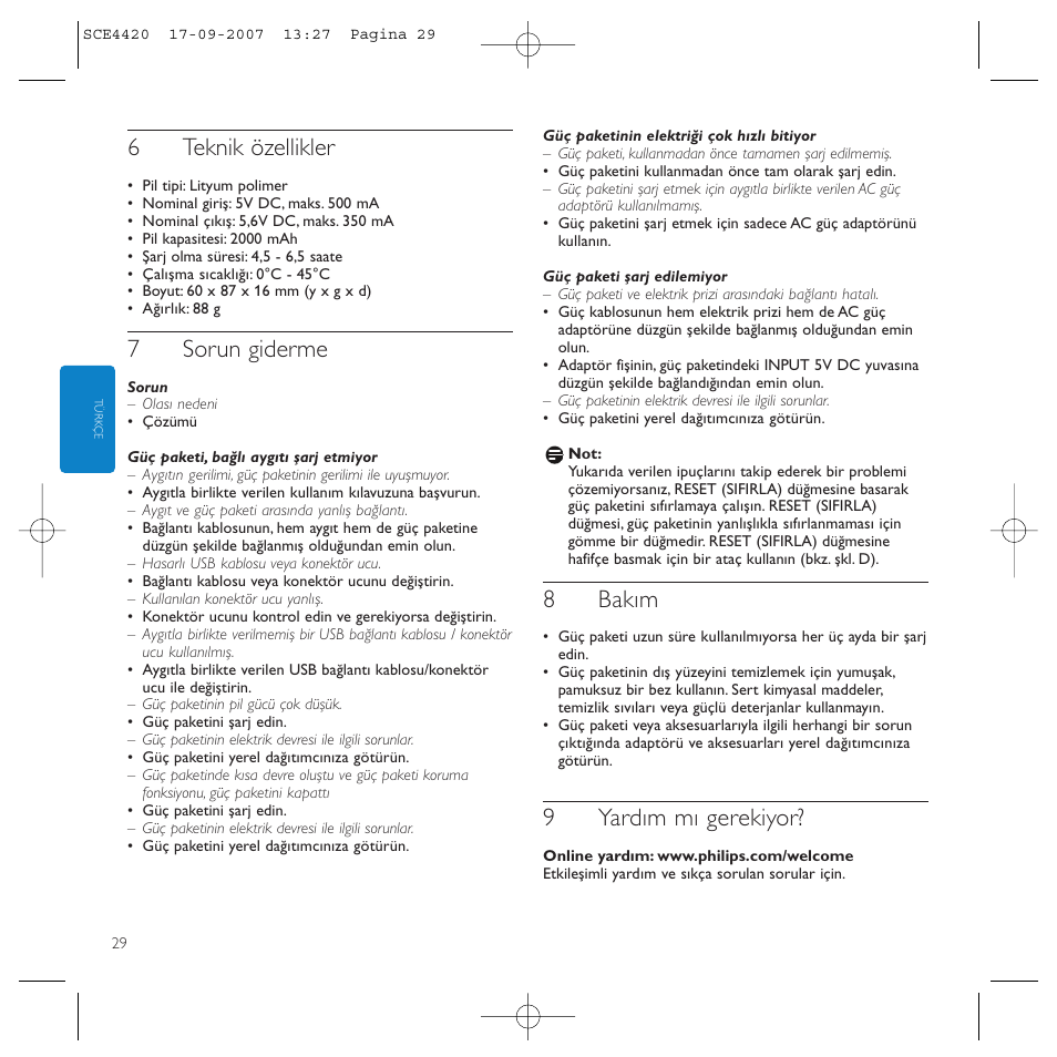 6teknik özellikler, 7sorun giderme, 8bakım | 9yardım mı gerekiyor | Philips SCE4420 User Manual | Page 29 / 61