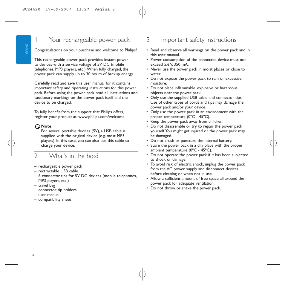 1your rechargeable power pack, 2what’s in the box, 3important safety instructions | Philips SCE4420 User Manual | Page 3 / 61