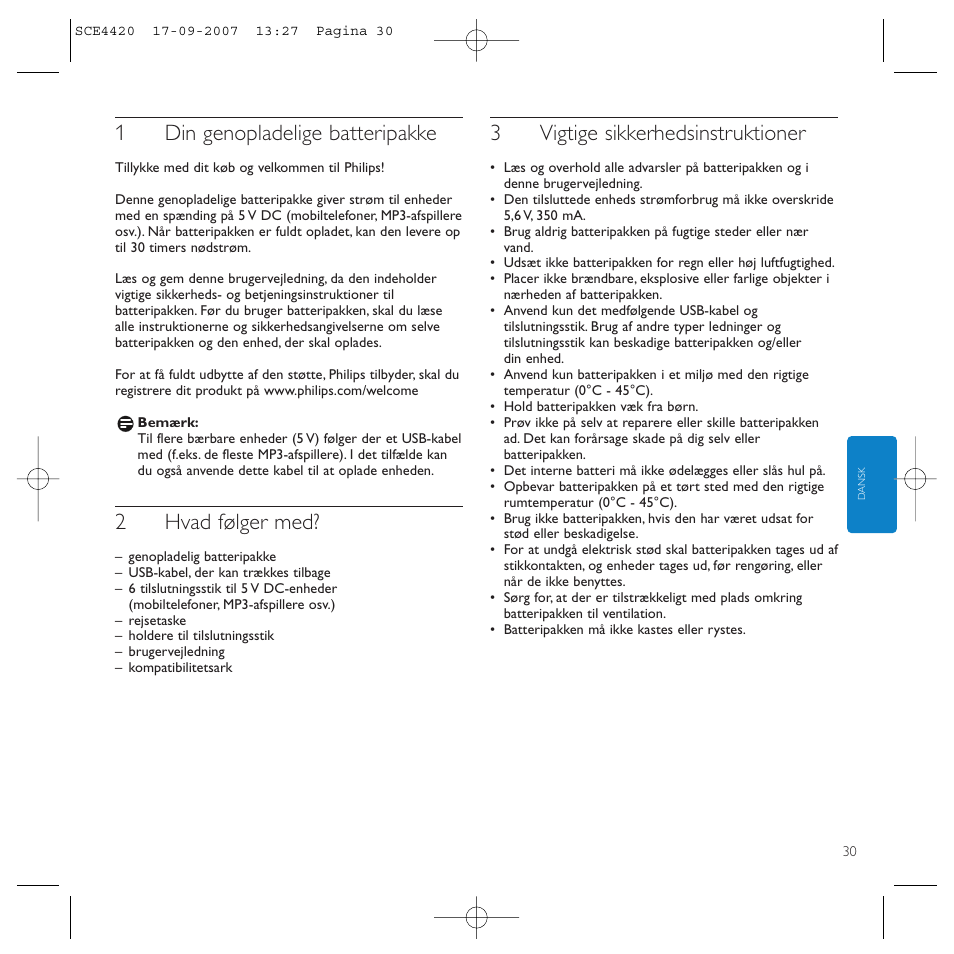 1din genopladelige batteripakke, 2hvad følger med, 3vigtige sikkerhedsinstruktioner | Philips SCE4420 User Manual | Page 30 / 61