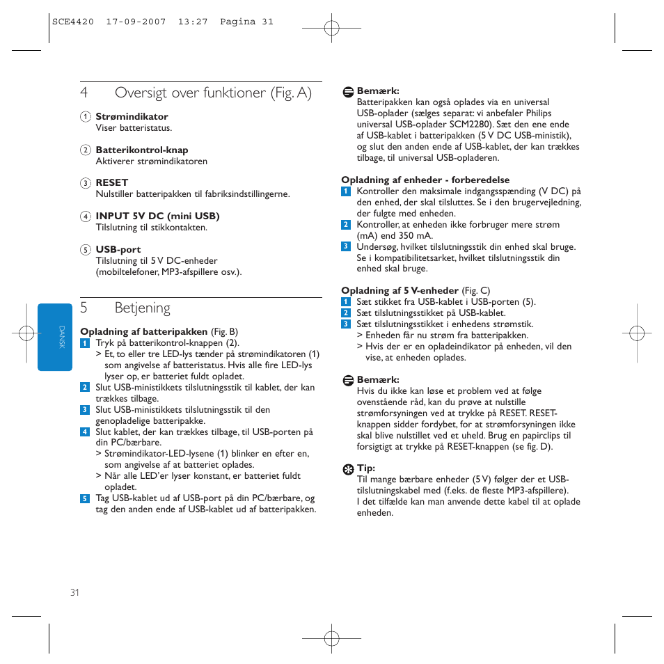 4oversigt over funktioner (fig. a), 5betjening | Philips SCE4420 User Manual | Page 31 / 61