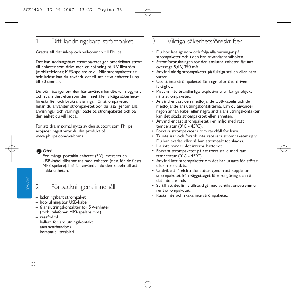 1ditt laddningsbara strömpaket, 2förpackningens innehåll, 3viktiga säkerhetsföreskrifter | Philips SCE4420 User Manual | Page 33 / 61