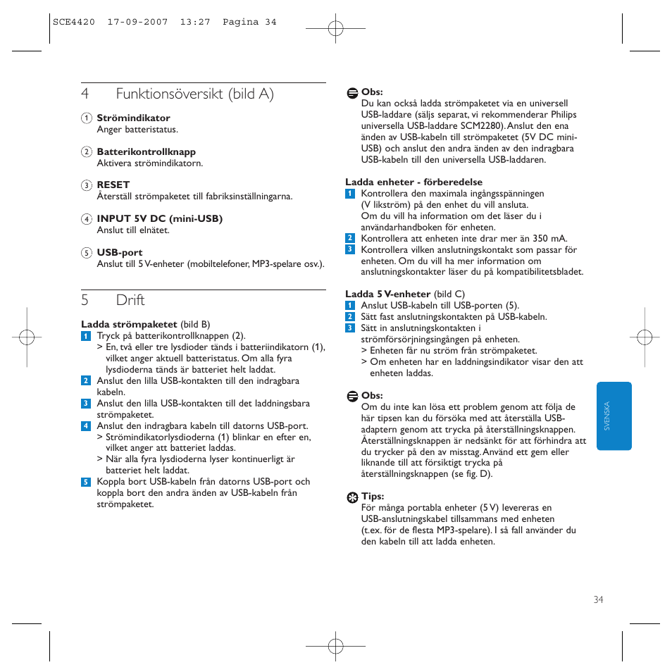 4funktionsöversikt (bild a), 5drift | Philips SCE4420 User Manual | Page 34 / 61