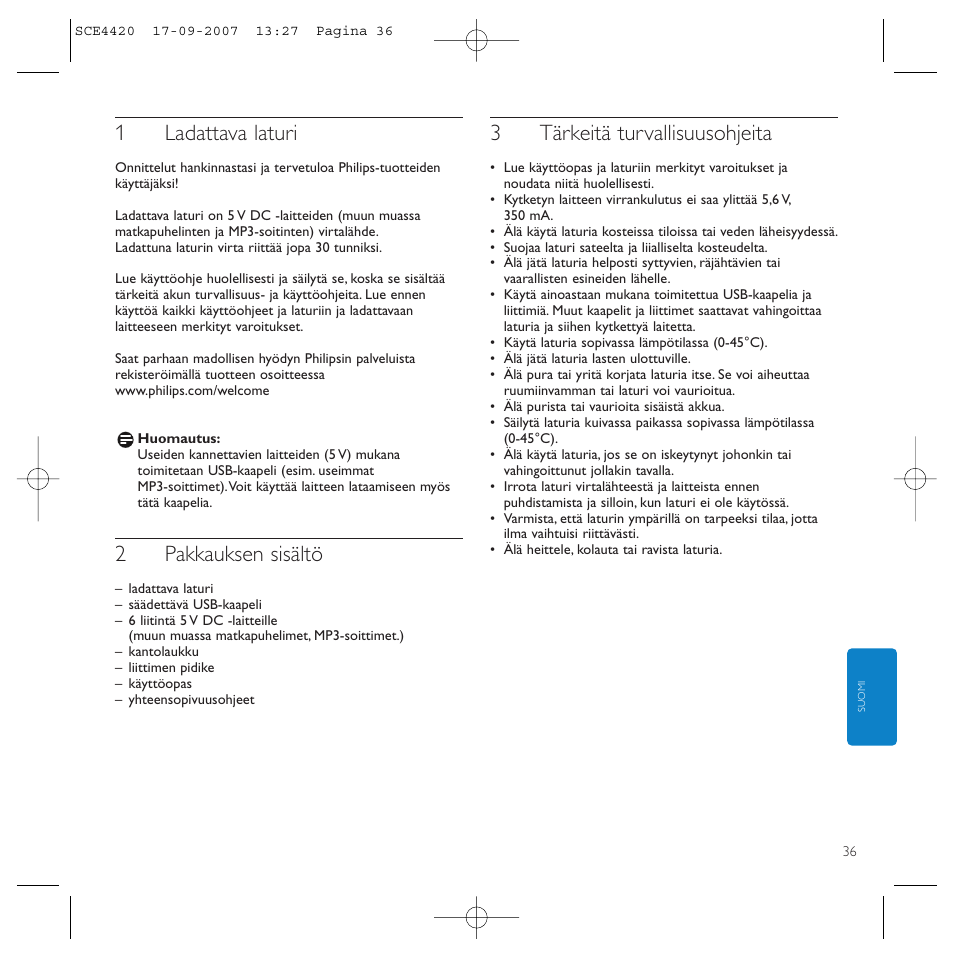 1ladattava laturi, 2pakkauksen sisältö, 3tärkeitä turvallisuusohjeita | Philips SCE4420 User Manual | Page 36 / 61