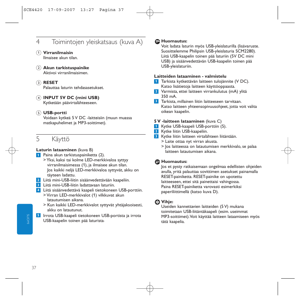 4toimintojen yleiskatsaus (kuva a), 5käyttö | Philips SCE4420 User Manual | Page 37 / 61