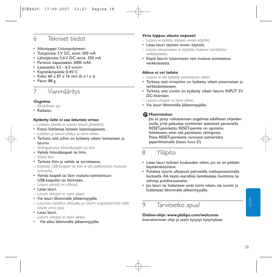 6tekniset tiedot, 7vianmääritys, 8ylläpito | 9tarvitsetko apua | Philips SCE4420 User Manual | Page 38 / 61