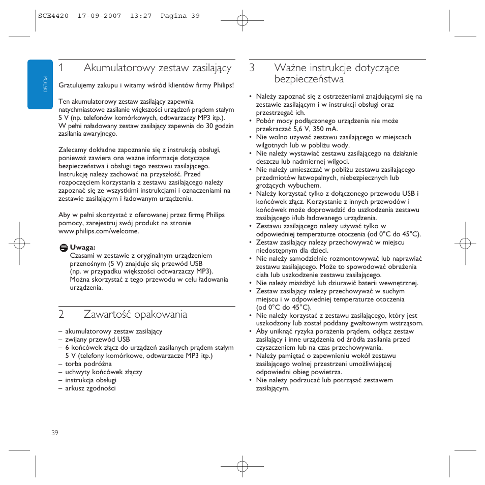 1akumulatorowy zestaw zasilający, 2zawartość opakowania, 3ważne instrukcje dotyczące bezpieczeństwa | Philips SCE4420 User Manual | Page 39 / 61