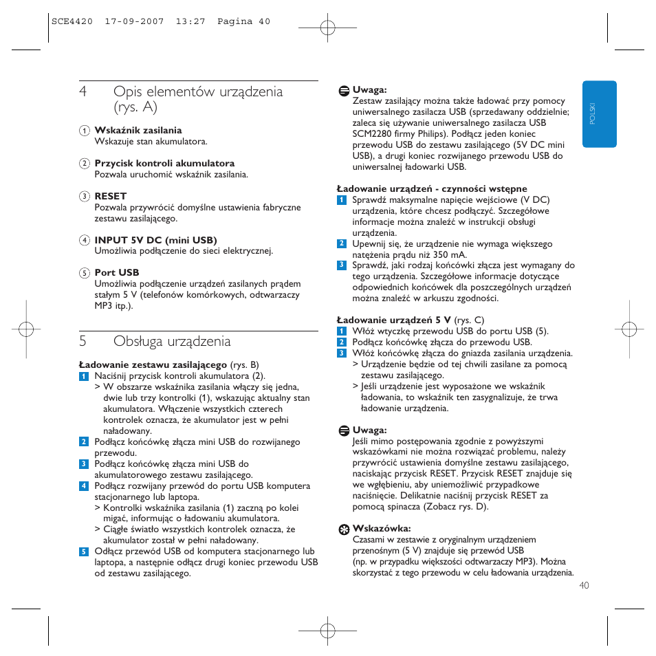 4opis elementów urządzenia (rys. a), 5obsługa urządzenia | Philips SCE4420 User Manual | Page 40 / 61