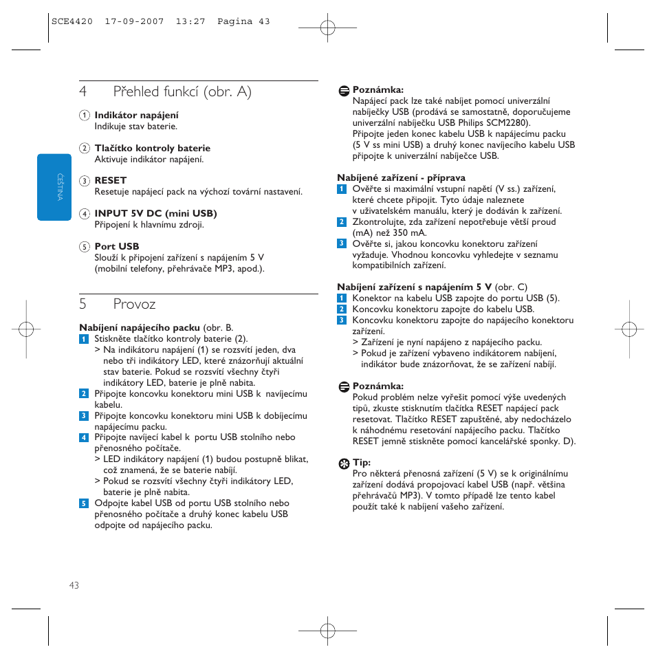 4přehled funkcí (obr. a), 5provoz | Philips SCE4420 User Manual | Page 43 / 61