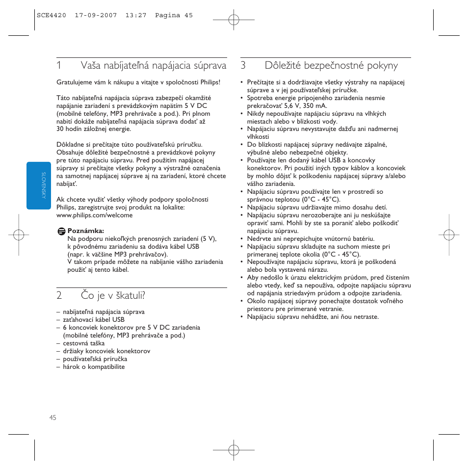 1vaša nabíjateľná napájacia súprava, 2čo je v škatuli, 3dôležité bezpečnostné pokyny | Philips SCE4420 User Manual | Page 45 / 61