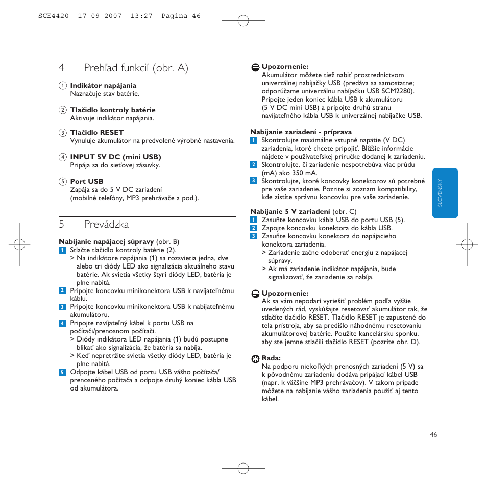 4prehľad funkcií (obr. a), 5prevádzka | Philips SCE4420 User Manual | Page 46 / 61