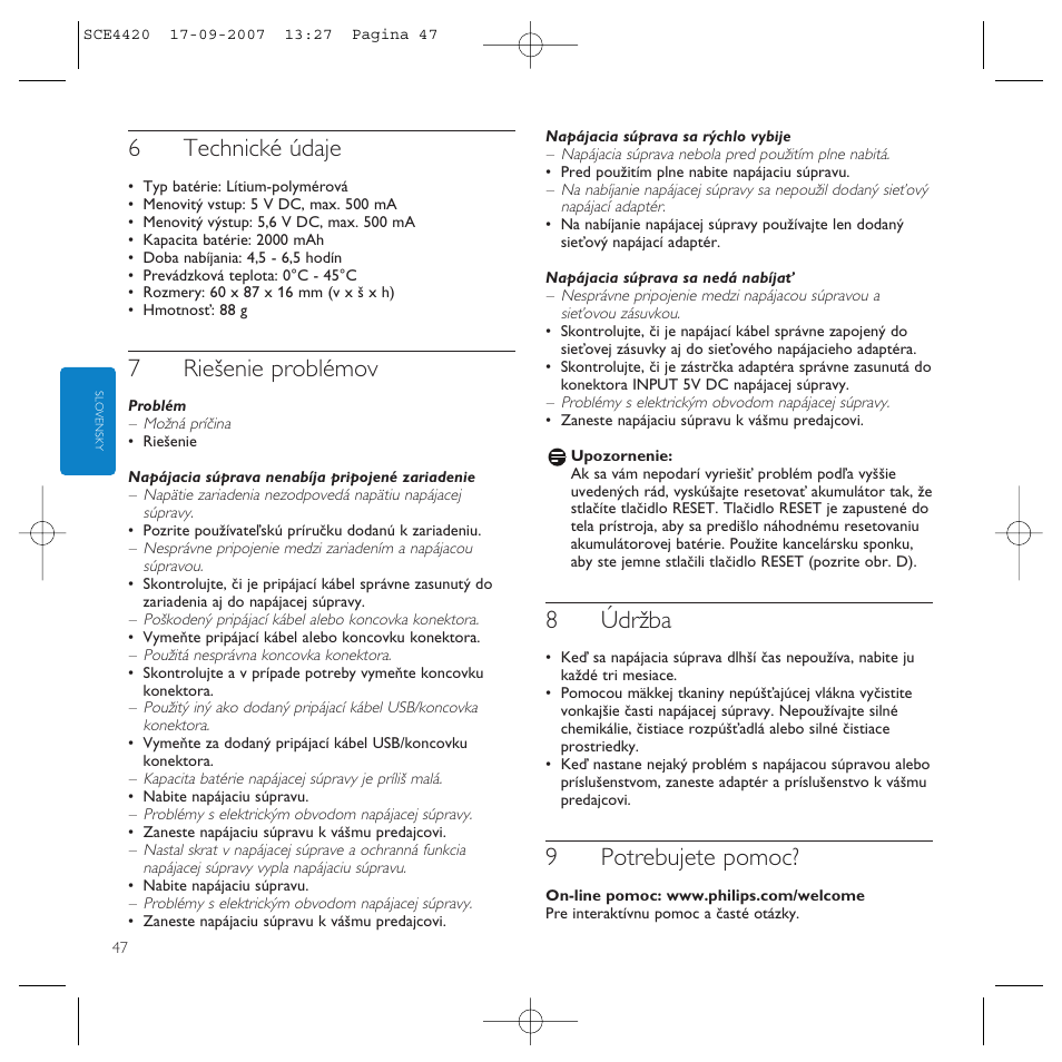 6technické údaje, 7riešenie problémov, 8údržba | 9potrebujete pomoc | Philips SCE4420 User Manual | Page 47 / 61