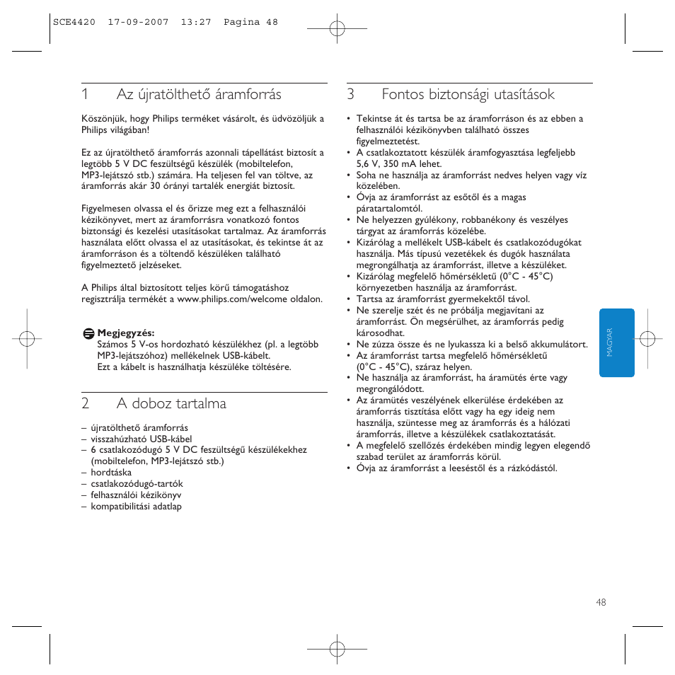 1az újratölthető áramforrás, 2a doboz tartalma, 3fontos biztonsági utasítások | Philips SCE4420 User Manual | Page 48 / 61