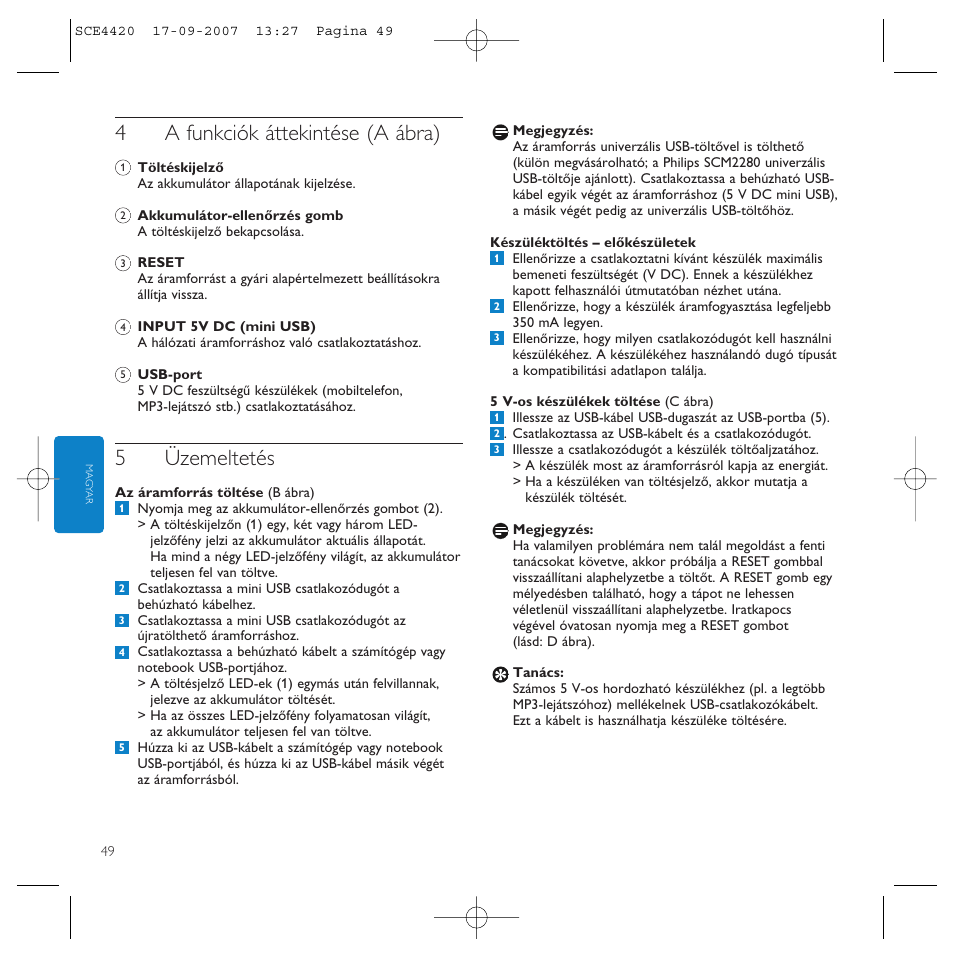 4a funkciók áttekintése (a ábra), 5üzemeltetés | Philips SCE4420 User Manual | Page 49 / 61