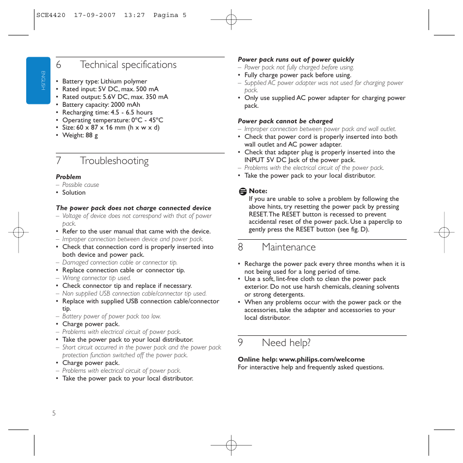 6technical specifications, 7troubleshooting, 8maintenance | 9need help | Philips SCE4420 User Manual | Page 5 / 61