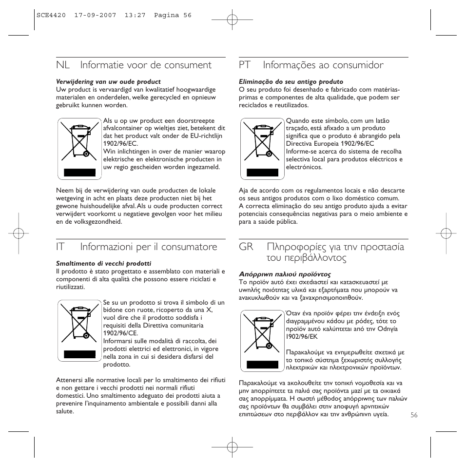 Nl informatie voor de consument, It informazioni per il consumatore, Pt informações ao consumidor | Gr ¶плъфкфъ›в˜ биa щлу úôûùaû›a щф˘ въи‚¿ппфущф | Philips SCE4420 User Manual | Page 56 / 61