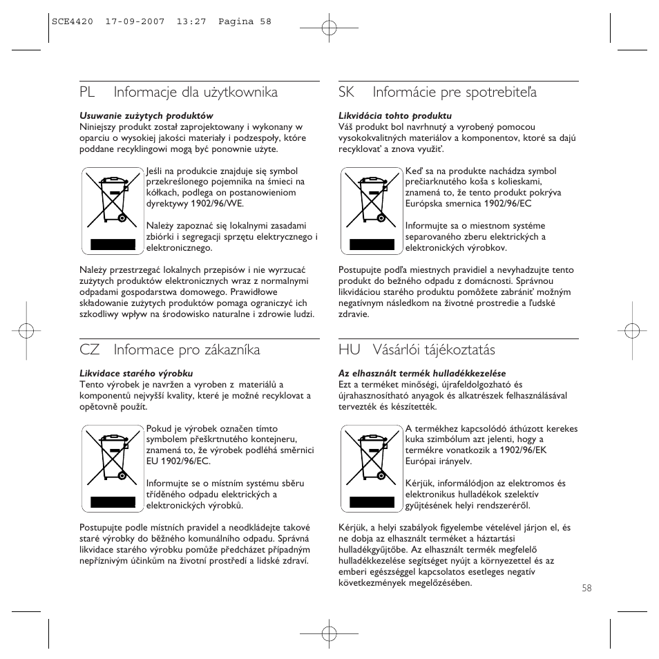 Pl informacje dla użytkownika, Cz informace pro zákazníka, Sk informácie pre spotrebiteľa | Hu vásárlói tájékoztatás | Philips SCE4420 User Manual | Page 58 / 61