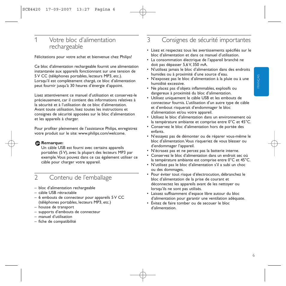 1votre bloc d’alimentation rechargeable, 2contenu de l’emballage, 3consignes de sécurité importantes | Philips SCE4420 User Manual | Page 6 / 61