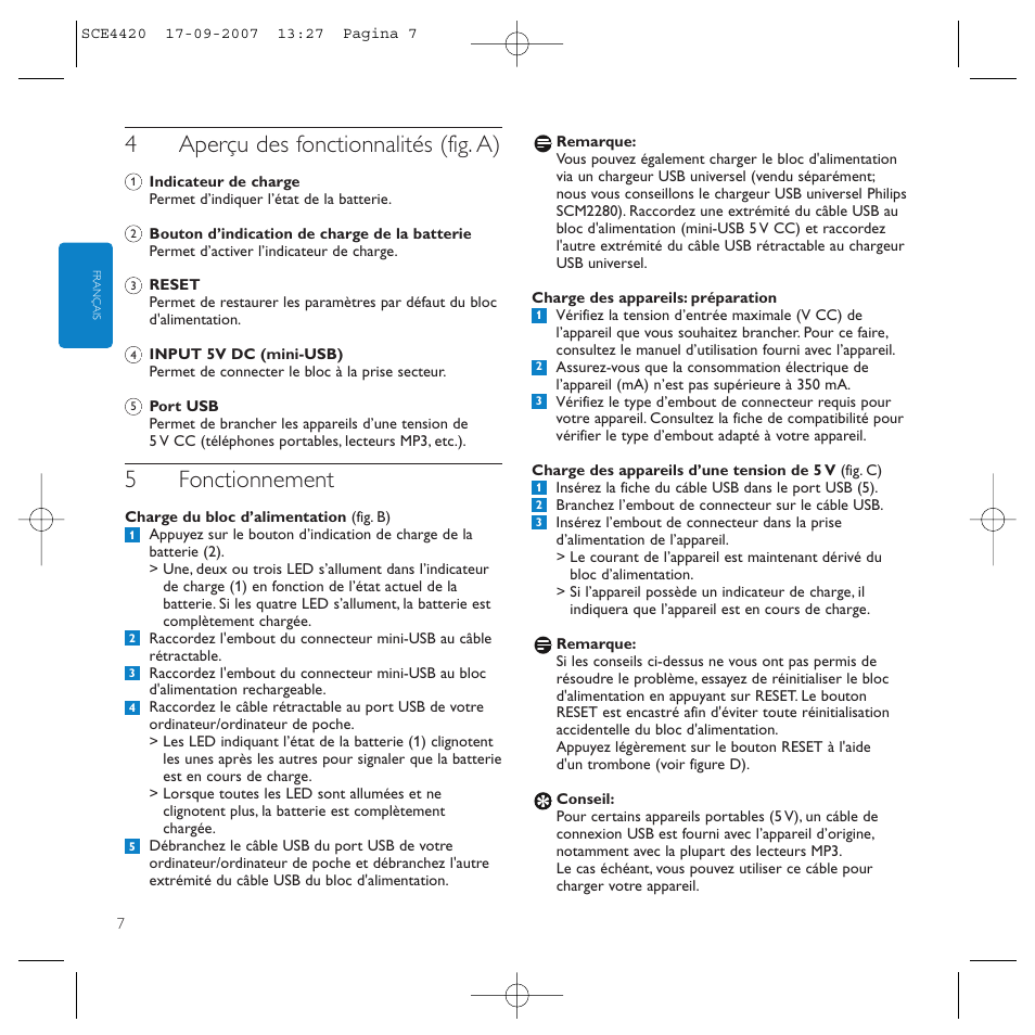 4aperçu des fonctionnalités (fig. a), 5fonctionnement | Philips SCE4420 User Manual | Page 7 / 61