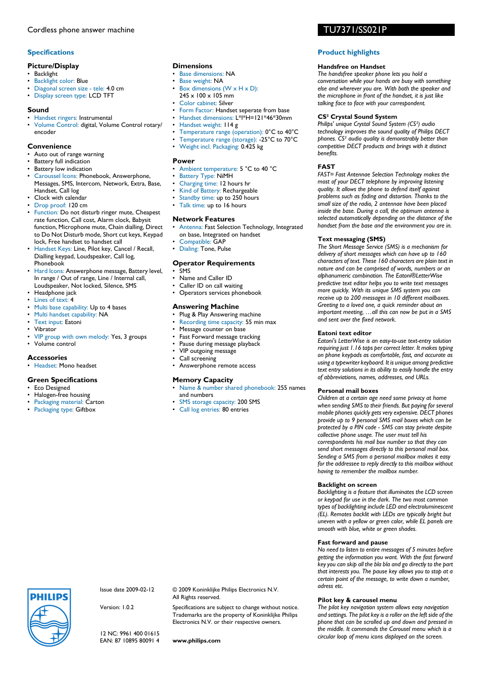 Philips TU7371 User Manual | Page 2 / 2