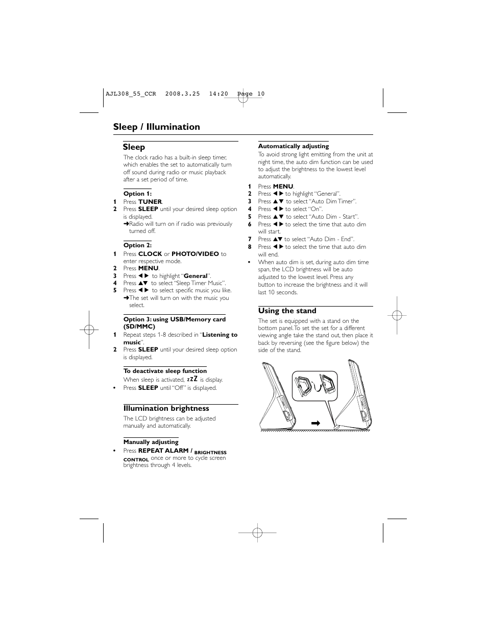 Sleep / illumination, Sleep | Philips AJL308 User Manual | Page 10 / 15