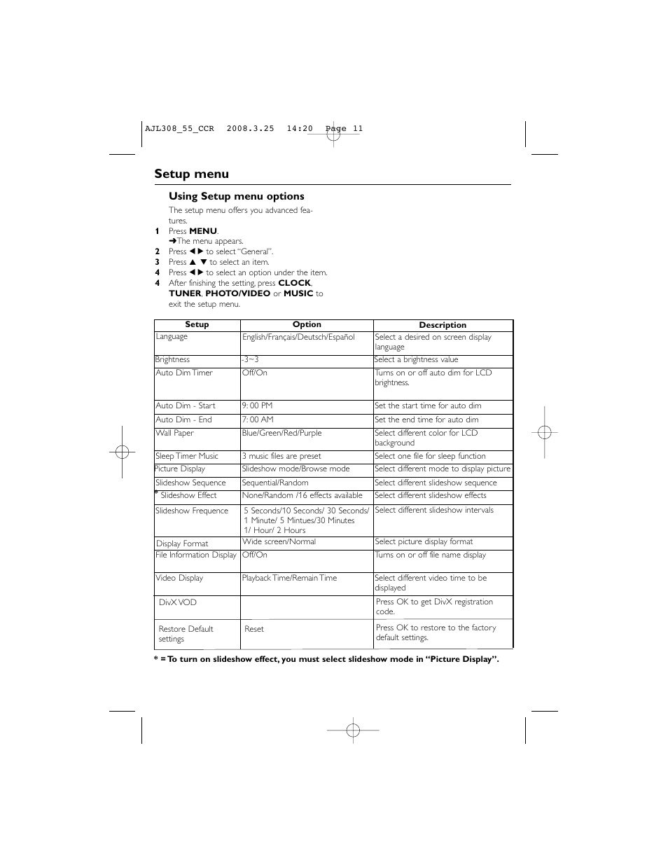 Setup menu | Philips AJL308 User Manual | Page 11 / 15