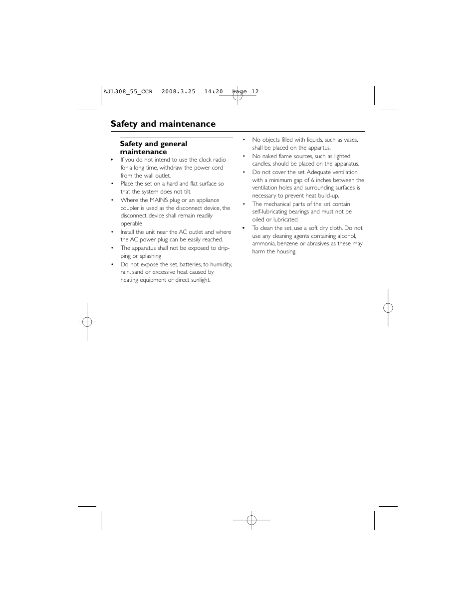 Safety and maintenance | Philips AJL308 User Manual | Page 12 / 15