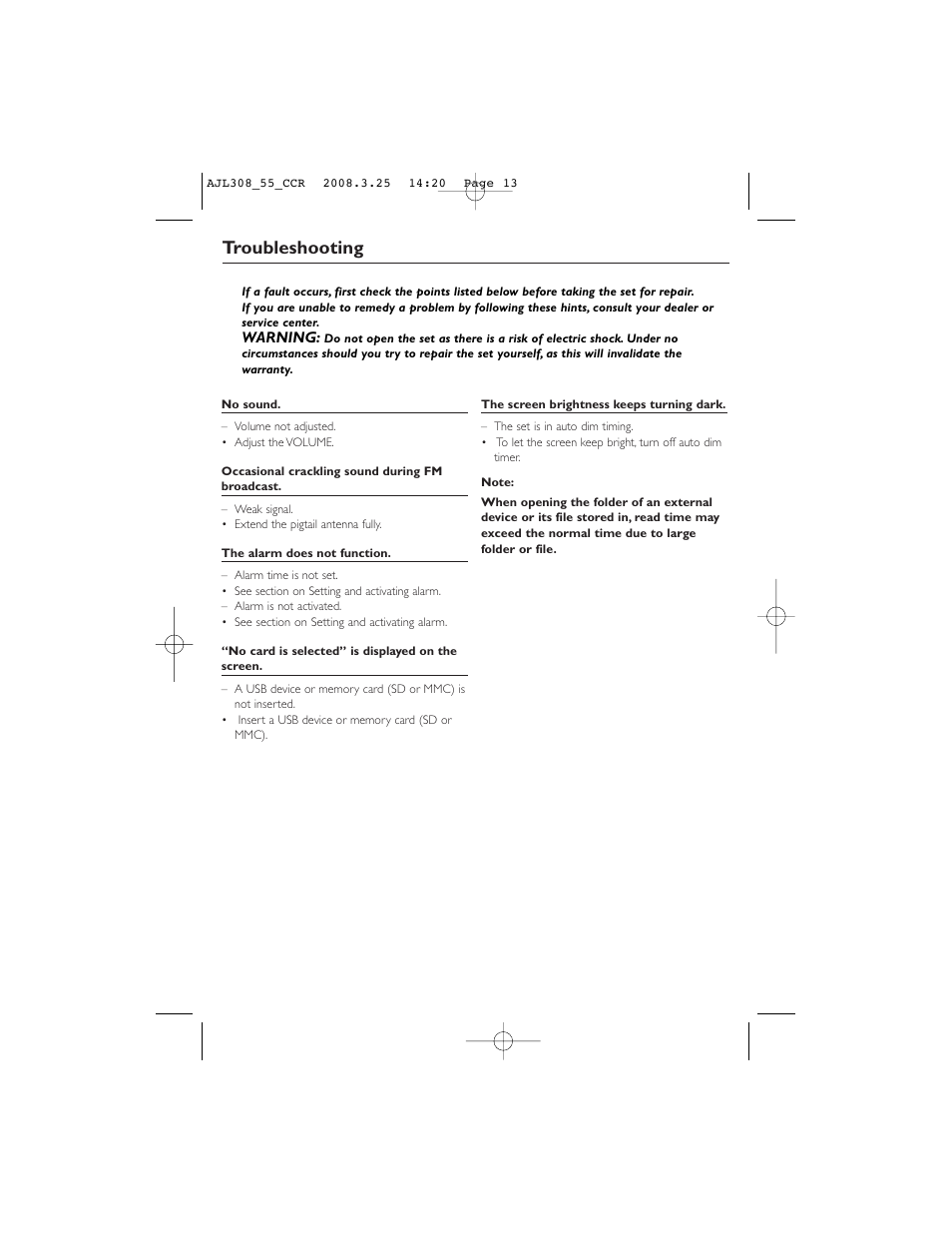 Troubleshooting | Philips AJL308 User Manual | Page 13 / 15